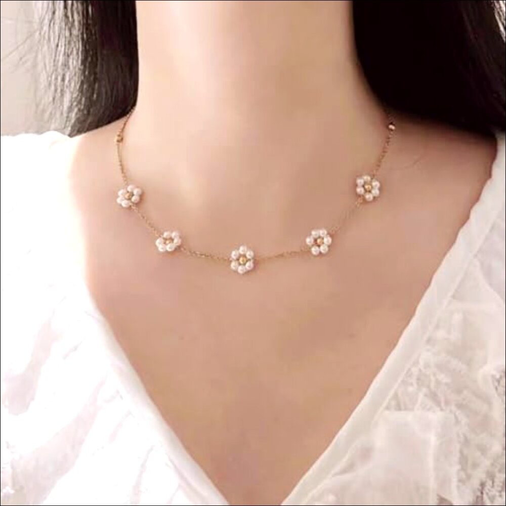 Gold-Plated Pearl Daisy Layered Necklace, 16 Inch Chain, Hypoallergenic - Picture 4 of 6